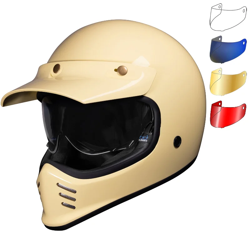 Black Royale II Retro ECE R22.06 Gloss Cream Motorcycle Helmet and Internal Visor