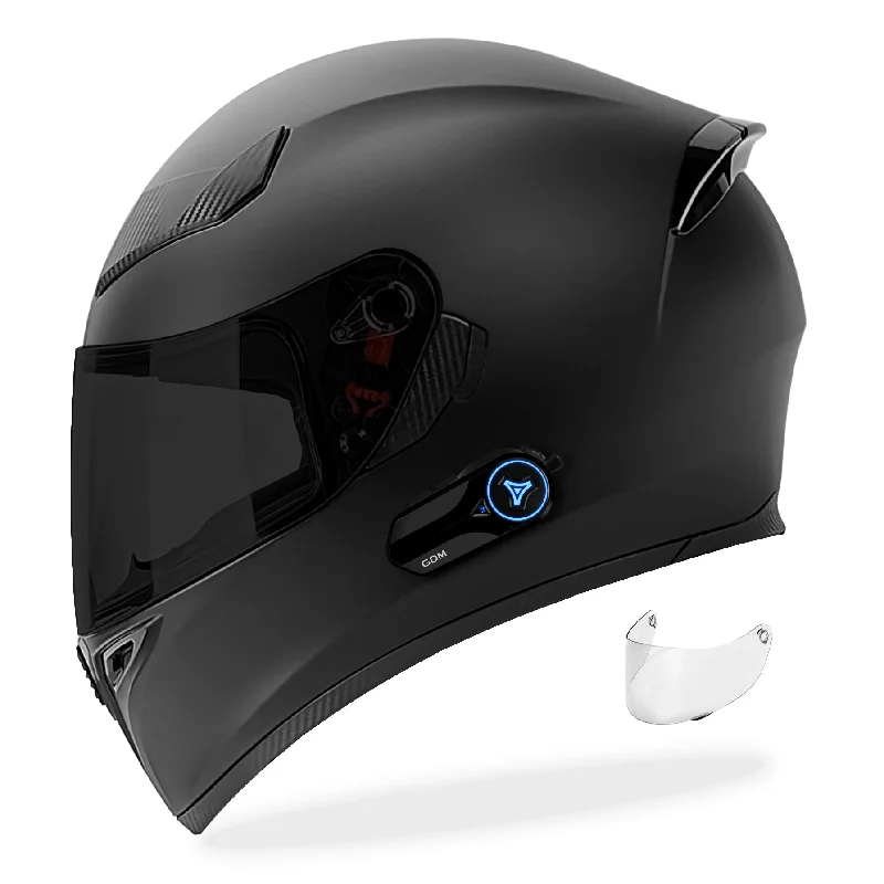 GDM GHOST Full Face Motorcycle Helmet + Intercom Bluetooth Headset + Smoked Shield