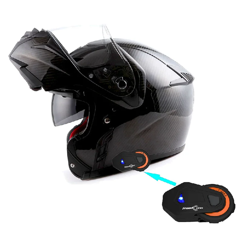 Martian Genuine Real Carbon Fiber Motorcycle Modular Flip up Full Face Helmet + Motorcycle Bluetooth Headset: HB-B1 Glossy Carbon Black