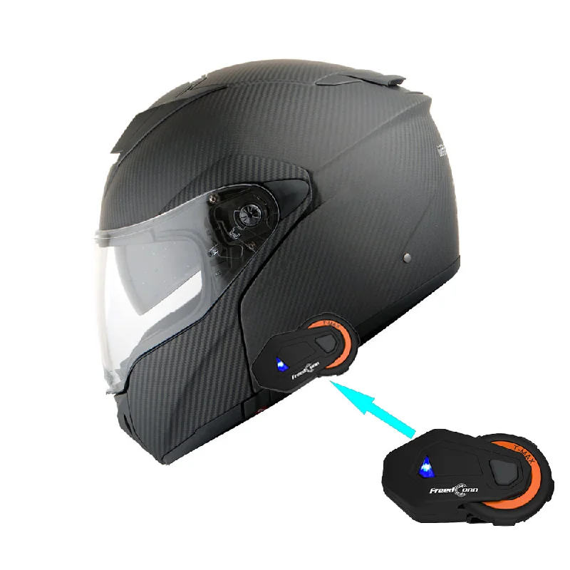 Martian Genuine Real Carbon Fiber Motorcycle Modular Flip up Full Face Helmet + Motorcycle Bluetooth Headset: HB-BMF-B10 Matt Carbon Black